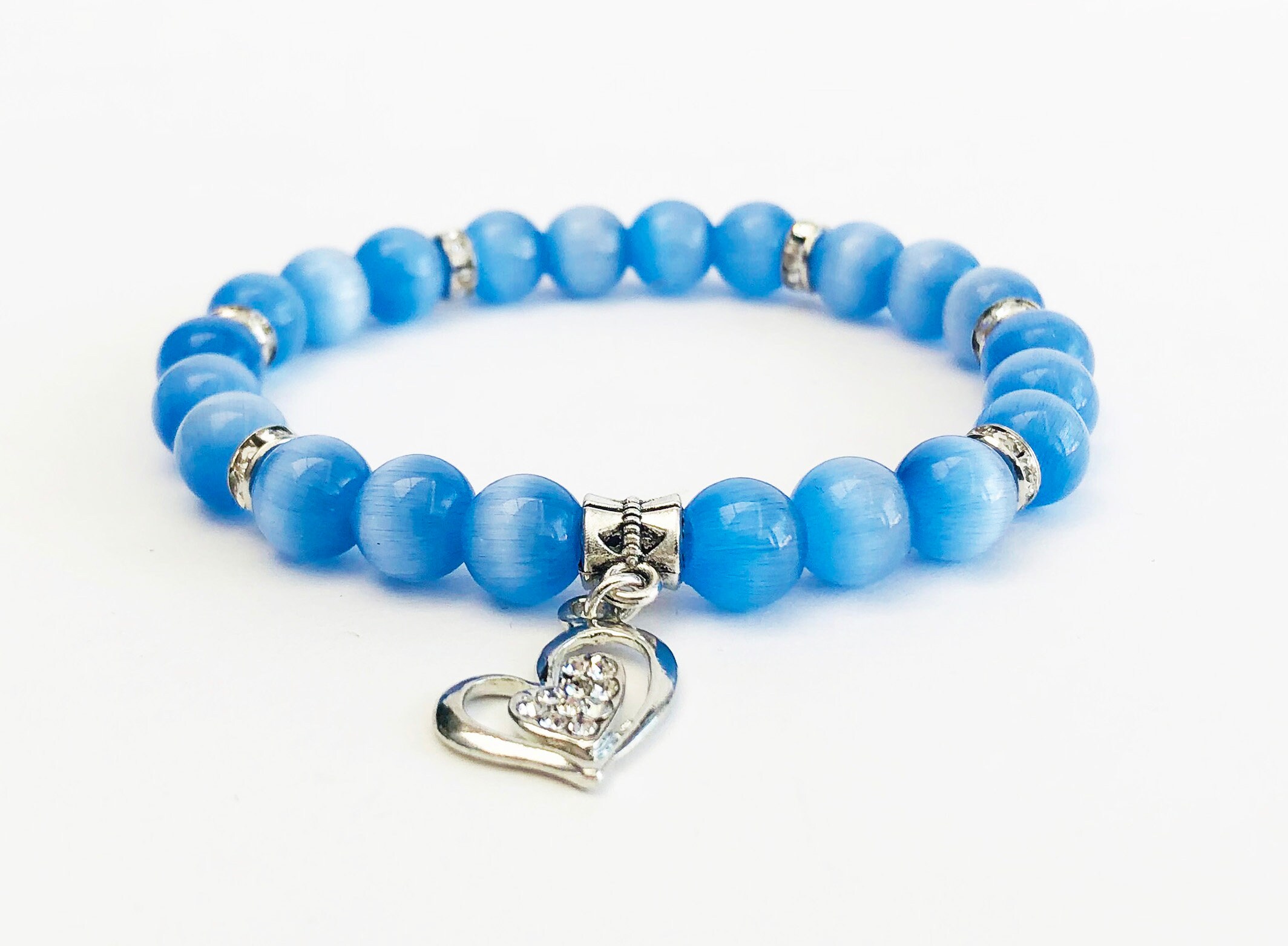 Blue Cat's Eye Bead Bracelet with PlatinumColoured Etsy 日本