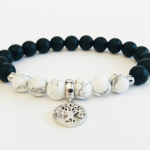 Black Agate and Natural Howlite Bead Bracelet with Tree of Life Pendant