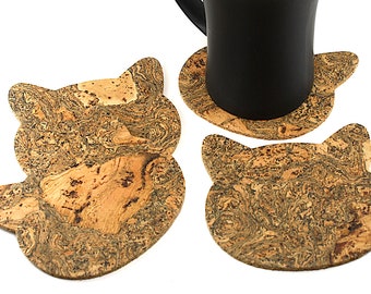 Cat Head Decorative Cork Drink Coaster Set, Cat Lover Gift
