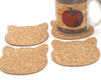 Pleasingly Simple Cat Head Cork Drink Coaster Set, Cat Lover Gift