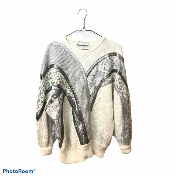 Vintage Sweater Off White Silver Lace Wool Large