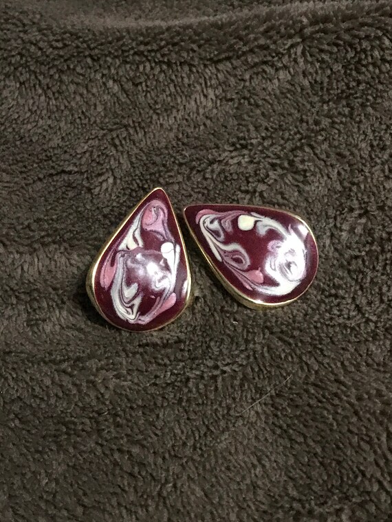 Vintage Earring Brass Burgundy Teardrop 70s 80s - image 1