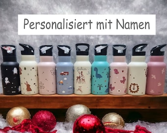 May include: Ten personalized stainless steel water bottles with various colorful designs and names. The bottles are arranged on a wooden shelf with a gray background. The text "Personalised with Name" is displayed above the bottles.
