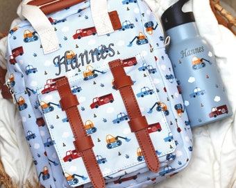 Sac à Dos Personnalisable Thème Engins De Chantier – Polyester – Avec Boîte Repas Et Trousse – Pour Enfants