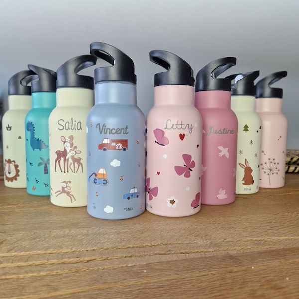 Kinder Trinkflasche mit Namen personalisiert aus Edelstahl / Kita / EliNik / Kindergarten-Flasche / Wasserflasche / Schule / Kindergeschenk