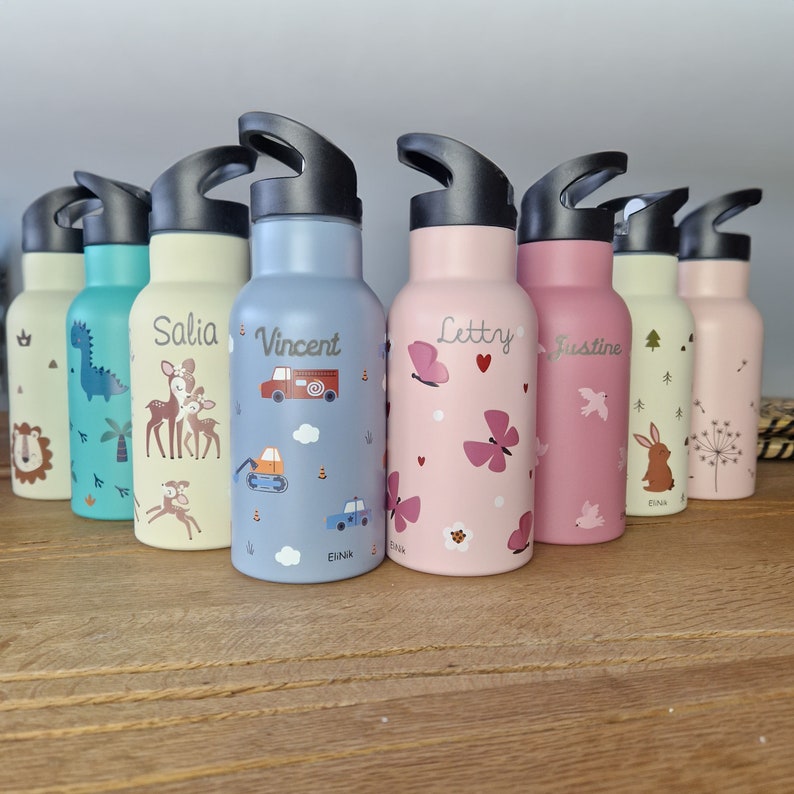 Kinder Trinkflasche mit Namen personalisiert aus Edelstahl / Kita / EliNik / Kindergarten-Flasche / Wasserflasche / Schule / Kindergeschenk Bild 1