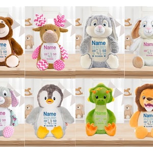 Cuddly toy with name personalized embroidered 40 cm plush toy birth baptism gift rabbit dino reindeer bear fox elephant penguin monkey cubbies