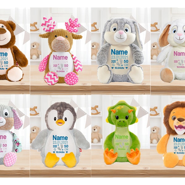 Kuscheltier mit Namen personalisiert bestickt 40cm Plüschtier Geburt Taufe Geschenk Hase Dino Rentier Bär Fuchs Elefant Pinguin Affe Cubbies