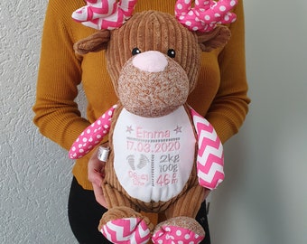 Kuscheltier mit Namen / personalisiertes Kuscheltier / Teddybär mit Namen / mit Geburtsdaten / Bär bestickt / Rentier rosa