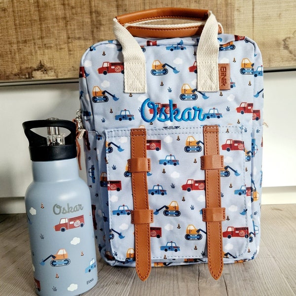 Kindergarten backpack SET with name / children's backpack with name / children's drinking bottle with name 350ml / daycare / with chest strap / excavator