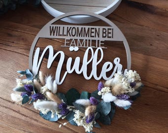 Corona decorativa para puerta de entrada, cartel familiar con nombre, placa de madera, regalo para familia, decoración de puerta, cartel familiar con nombre