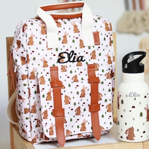 Sac à dos pour maternelle SET avec nom / Sac à dos pour enfants avec nom / Gourde pour enfants avec nom 350 ml / Garderie / Avec sangle de poitrine / Excavateur / LAPIN