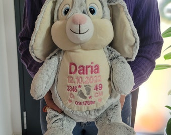 Cuddly toy with name / personalized cuddly toy / teddy bear with name / with dates of birth / embroidered rabbit / gray rabbit