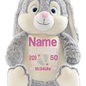 Kuscheltier mit Namen / personalisiertes Kuscheltier / Teddybär mit Namen / mit Geburtsdaten / Hase bestickt / Hase Grau Bild 2