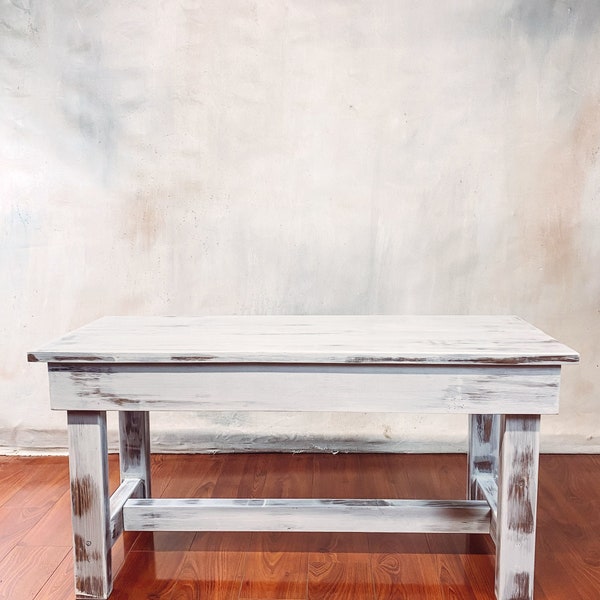 Modern farmhouse distressed white painted solid wood bench for entryways, dining and more