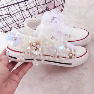 Strass parel hand gestikt canvas schoenen