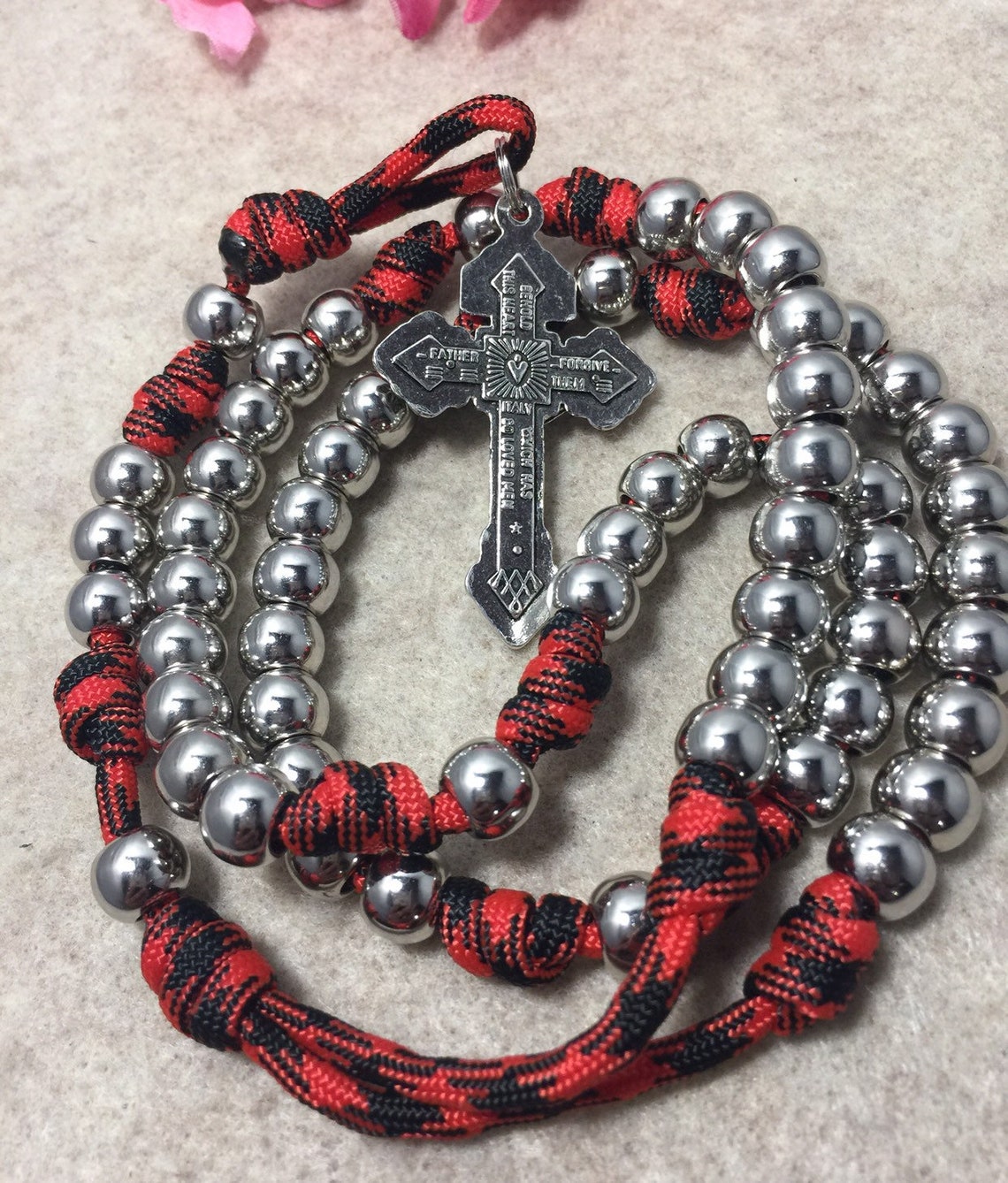Paracord rosary Silver beads Catholic Rosary Pardon Etsy