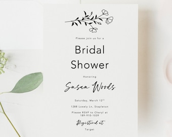 Simplistic Bridal Shower Invitation, Black and White Bridal Shower Invites, Floral Bridal Shower Invitation, Instant Download, Editable