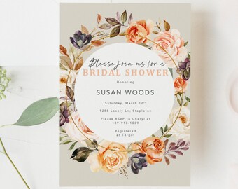 Peach Floral Bridal Shower Invitation, Rustic Bridal Shower Invitation, Floral and Gold Invitation, Fall Bridal Shower Invites, Printable,