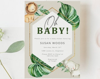 Oh Baby Safari Baby Shower Invitation, Jungle Baby Shower Invites, Greenery Invitation, Gender Neutral, Editable Invitation, Printable,