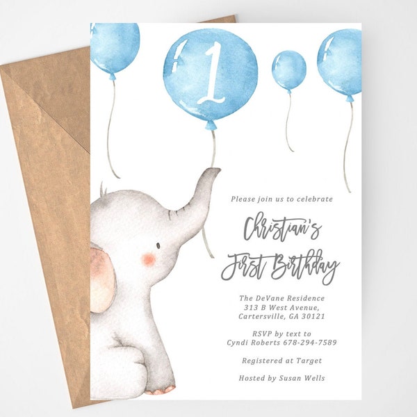 Elephant First Birthday Party Invitation, Birthday Invitations for a Boy, Elephant Birthday Invitations, Printable First Birthday Invites