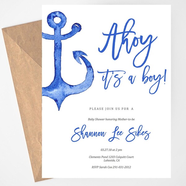 Anchor Baby Shower Invitation, Nautical Invitation, Baby Shower Invites, Anchor Invitation, Ahoy its a Boy, Anchor, Printable Invitation
