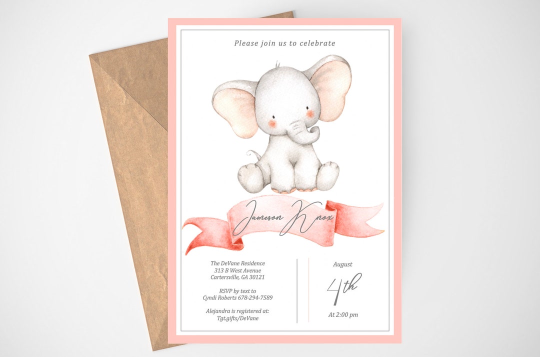 Girl Elephant Baby Shower Invitation, Elephant Invitation, Baby Girl ...