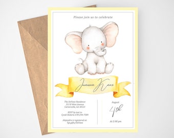 Elephant Baby Shower Invitation, Elephant Invitation, Gender Neutral, Yellow, Editable Invitation, Instant Download, Jungle Baby Shower,