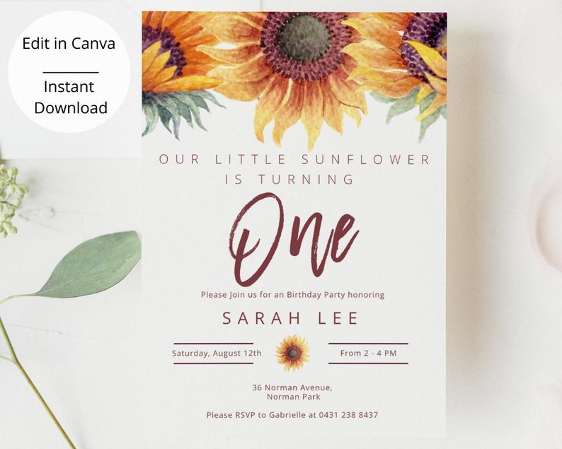 Girls 1st Birthday Party Invitation Sunflower Birthday Party Invitation Floral 1st Birthday Invitation First Birthday