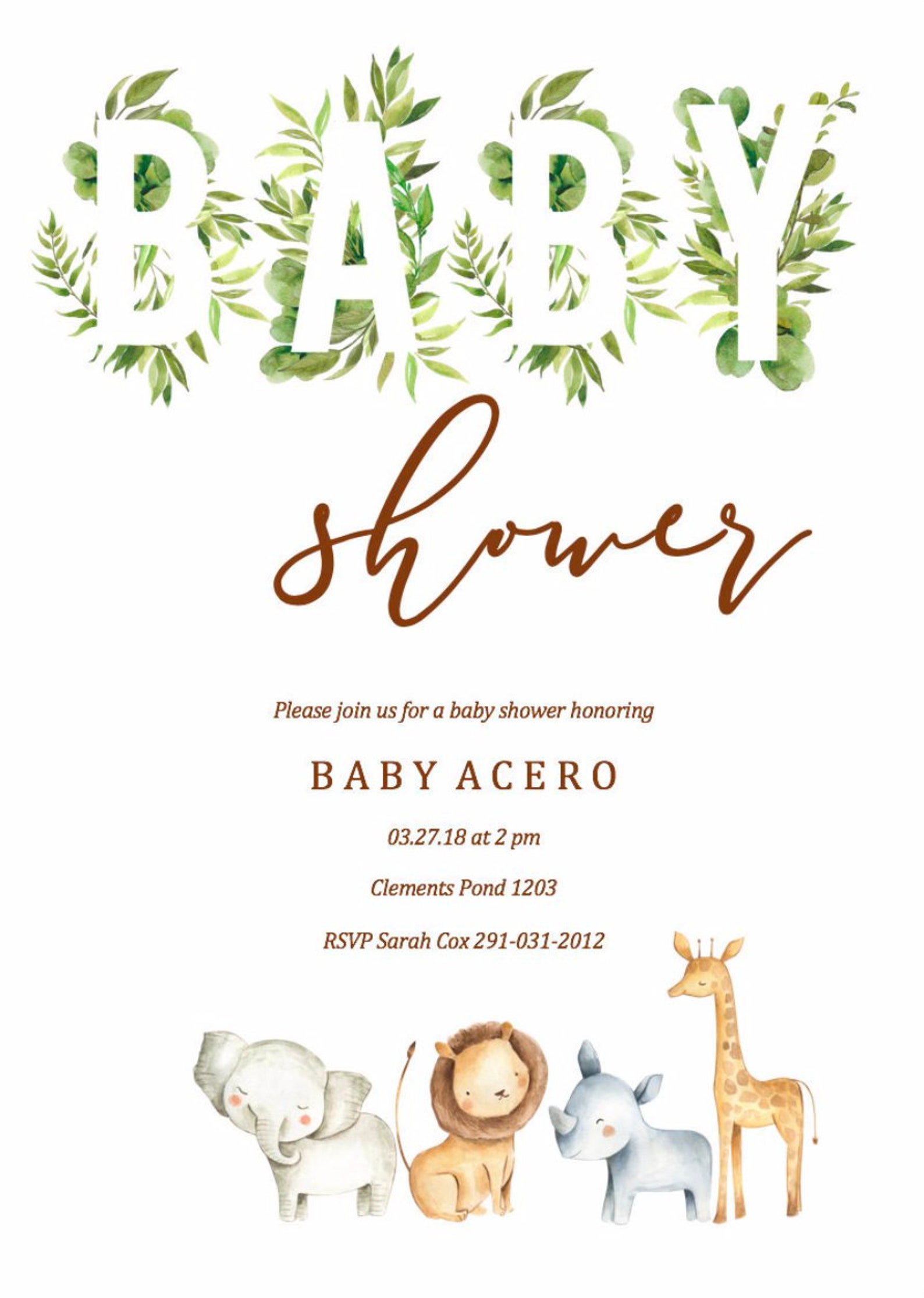 Safari Baby Shower Invitation Greenery Safari Invitations Etsy