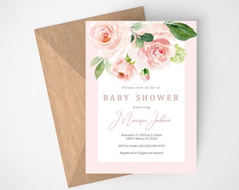 Blush Pink Floral Baby Shower Invitation Template, Baby Shower Invitation Girl, Baby Shower Invitation For Girl, Editable Baby Shower Invite