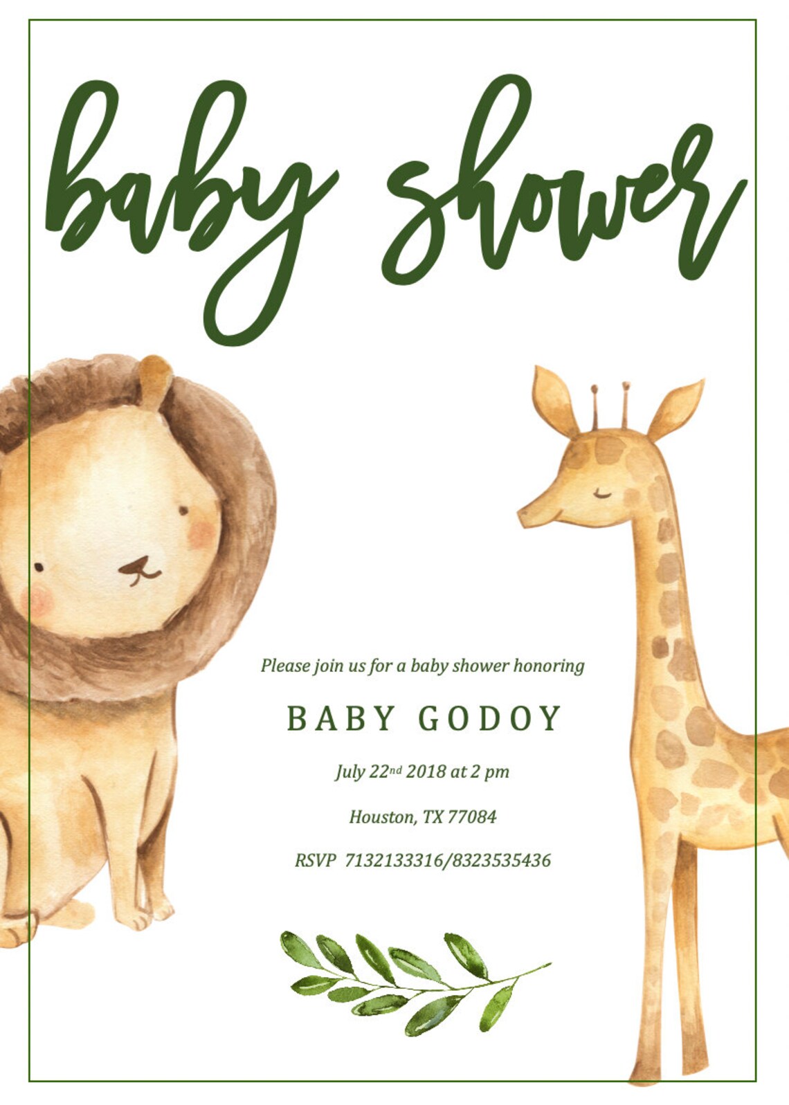 Safari Baby Shower Invitation Animal Baby Shower Jungle Etsy