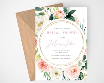 Bridal Shower Invitation, Wedding Shower, Blush Pink, Floral, Gold, Invitation Template, Rustic Bridal Shower, Boho Bridal Shower, Glitter