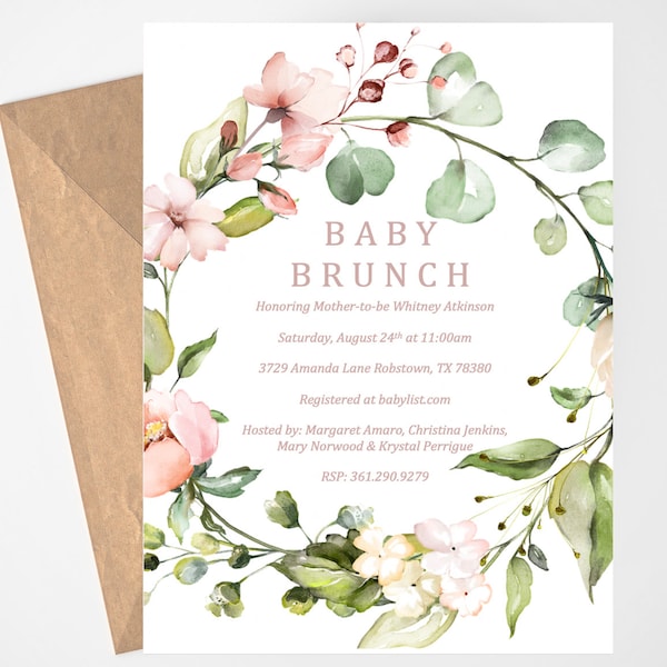 Pink Floral Baby Brunch Invitation, Girl Baby Shower Invitation, Baby Shower Invitation Girl, Editable Baby Shower Invites, Printable, DIY