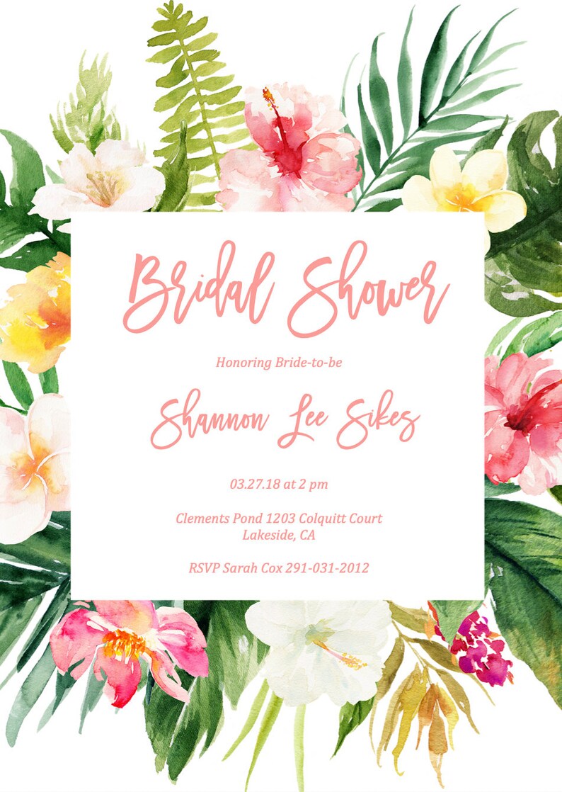 Tropical Bridal Shower Invitation Tropical Leaves Floral Etsy