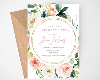 Floral and Gold Birthday Party Invitation, Girls Birthday Party Invitation, Printable Birthday Party Invitation, Instant Download, Gold,