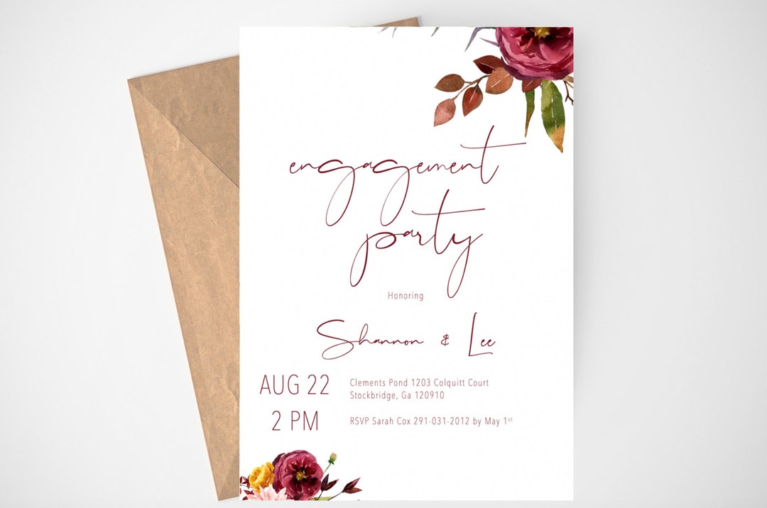Fall Engagement Party Invitation, Burgundy Floral Engagement Party