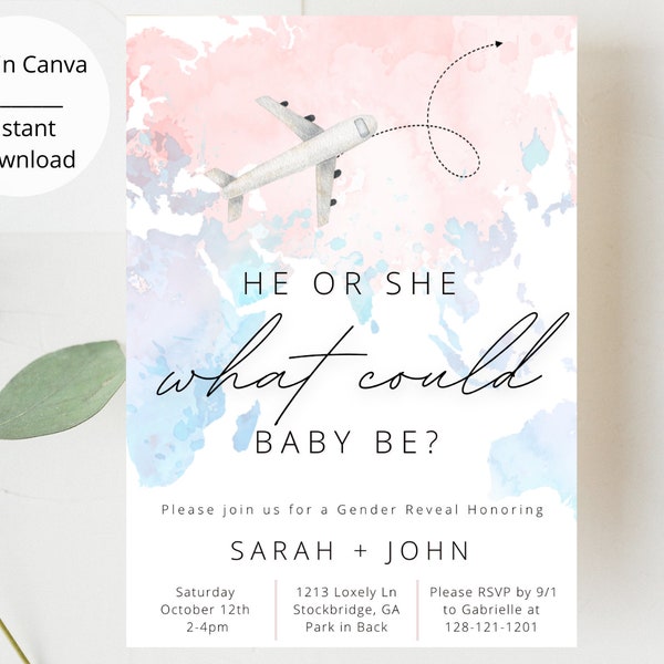 Our Greatest Adventure Gender Reveal Invitation, Gender Reveal Invites, He or She, Blue or Pink, Editable Invitation, Invites, World Map