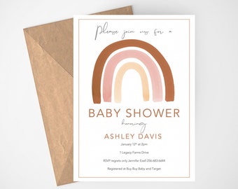 Rainbow Baby Shower Invitation, Girl Baby Shower Invitation Template, Boho Baby Shower Invitation, Instant Download, Baby Shower Invites,