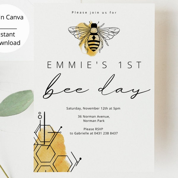 Bee Themed Birthday Party Invitation, First Birthday Party Invitation, Bee-Day Invitation, 1st Birthday Party Invitation, Instant Download