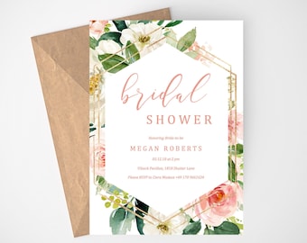 Blush Bridal Shower Invitation Template, Bridal Shower Invites, Bridal Shower Invitation Printable, Instant Download, Gold, Printable invite