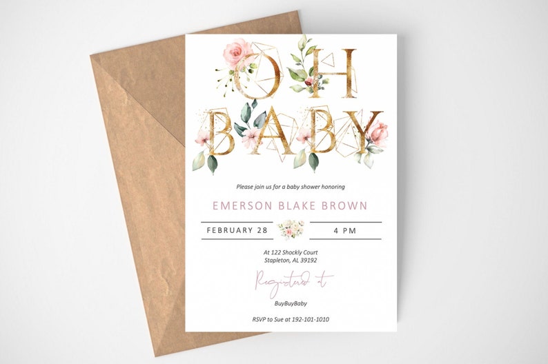Baby Girl Shower Invitations Blush Pink Floral and Gold Baby Etsy