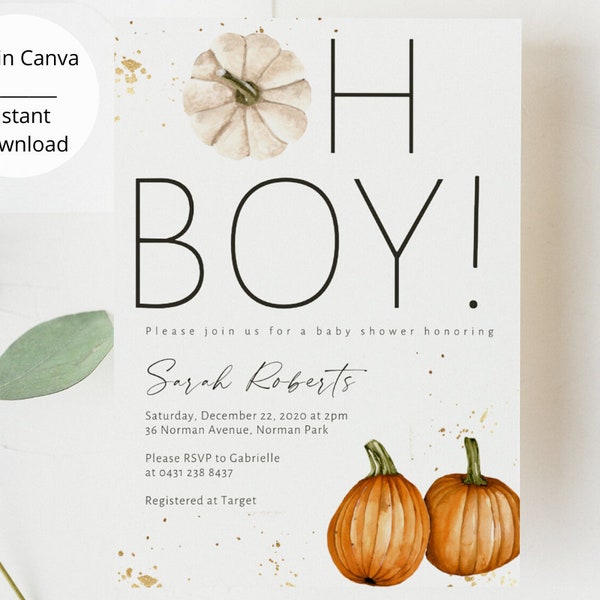 Pumpkin Baby Shower Invitation for a Boy, Boy Baby Shower Invitation for Fall, Fall Theme Baby Shower, Oh Boy Baby Shower Invitation, Rustic