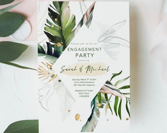 Tropical Engagement Party Invitations, Summer Themed Engagement Party Invites, Beach Wedding, Couples Shower Invitation, Printable, Greenery