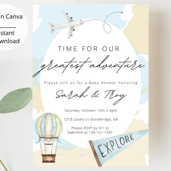 Boy Baby Shower Invitation, Our Greatest Adventure Baby Shower Invite, Baby Shower Invite for Boys, Adventure Invitation, Hot Air Balloon