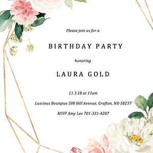 Printable Birthday Invitation, Birthday Party Invitation, Blush Pink ...