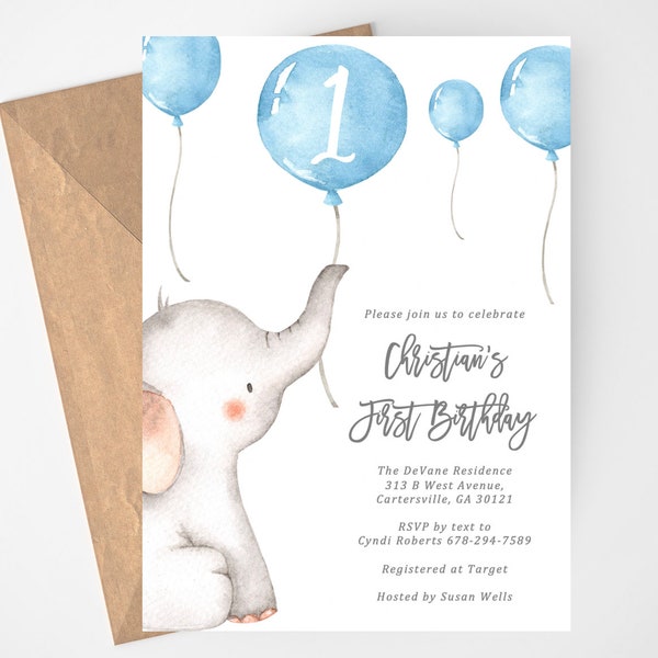 First Birthday Boy, Elephant Invitation, 1st Birthday Invitation, Elephant, Editable Invitation, Invitation Template, Balloon Invitation,