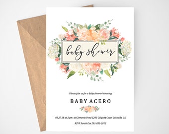 Floral Baby Shower Invitation Girl, Rustic Baby Shower Invitation Template, Baby Girl Shower Invitation, Editable Invitation, Peach Floral