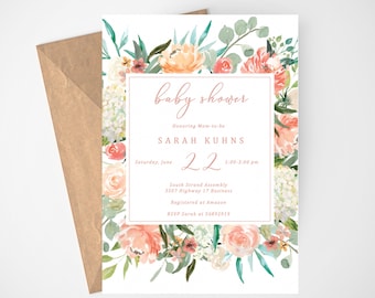 Baby Shower Invitation Girl, Floral Baby Shower Invitation Template, Peach Floral Baby Shower Invitation, Editable Invitation, Boho, Rustic