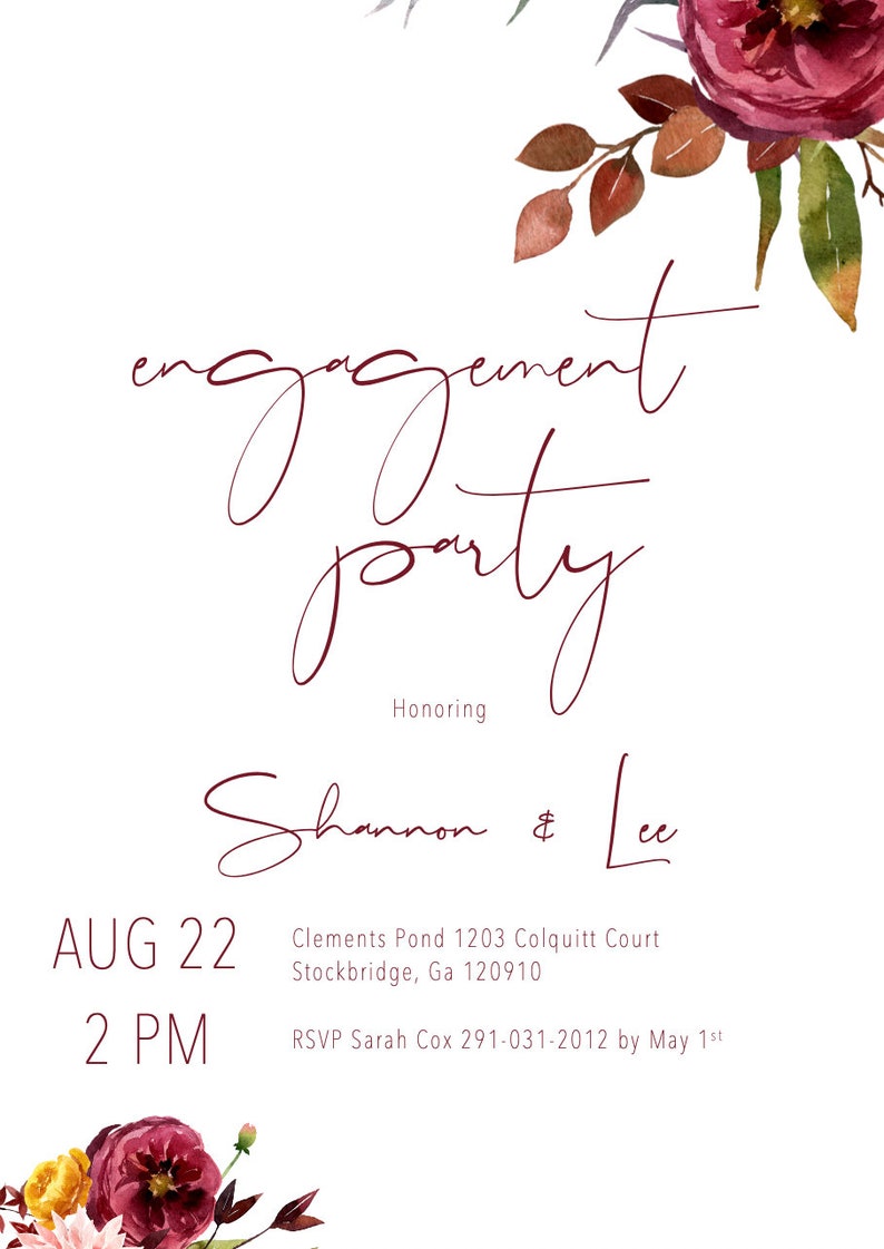Fall Engagement Party Invitation Burgundy Floral Engagement Etsy